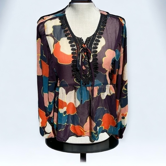 🌻BCBGeneration Floral Semi-Sheer Tie-Up Peplum Boho Blouse Size Medium - Picture 4 of 11